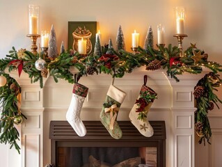 Elegant mantlepiece adorned with garlands, candles, and festive stockings, creating a warm holiday ambiance