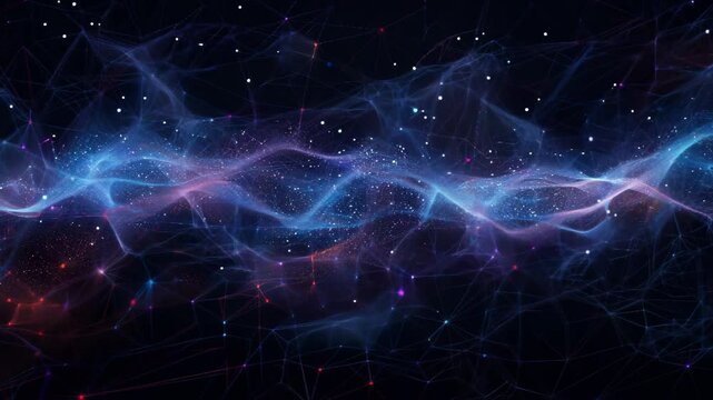 Abstract cosmic wave with glowing particles and nebula effect in space, perfect for backgrounds, digital art, and science-themed projects.