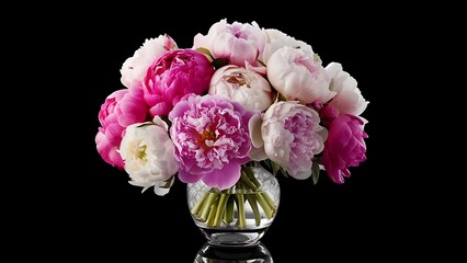 Fototapeta premium Bouquet of peonies in glass vase on black background
