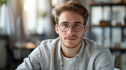 Fototapeta premium A young man with a light beard and round glasses looks directly at the camera