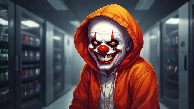 Scary joker in an orange hood laughs evilly in data center. Portrait of anonymous attacker ready to steal digital data.