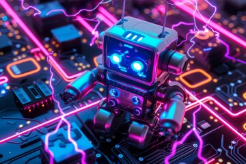 An electric robot stands in front of a circuit board with glowing eyes