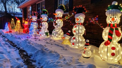 Obraz premium Christmas yard display with lighted figures, snowmen, and a cheerful holiday atmosphere