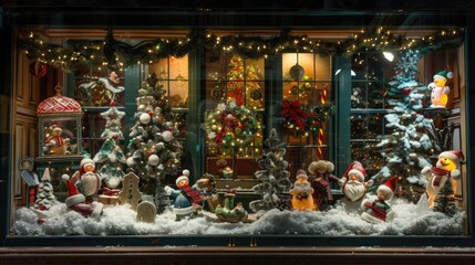 Christmas window display with animated figures, lights, and a magical holiday scene