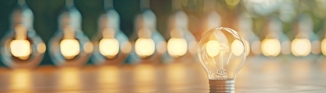 A row of illuminated light bulbs with a focus on the foremost bulb, symbolizing creativity, innovation, and bright ideas.