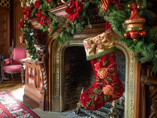 Christmas stocking filled with small gifts, hanging by a decorated fireplace