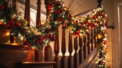Christmas garlands with lights and ornaments, draped across a staircase or mantle