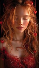 Fototapeta premium Sensual woman surrounded by hearts, embodying love and emotion.