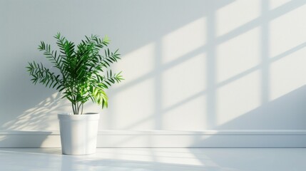 Green Plant in White Pot Against a White Wall with Window Light