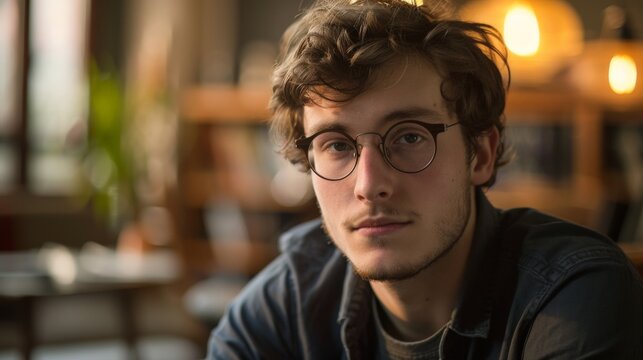 A man with glasses in a cozy bookstore stares off camera