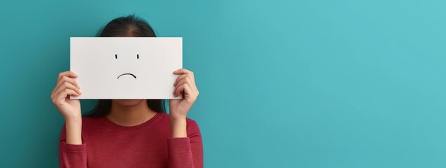 A person holding up an empty white card with a sad face drawn on it, set against a turquoise background.