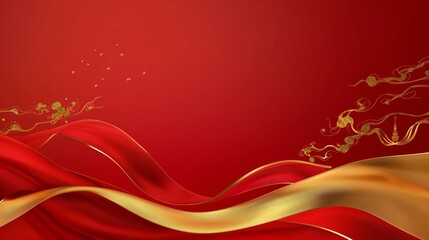 A vibrant red background with flowing golden and red ribbons and ornamental designs.