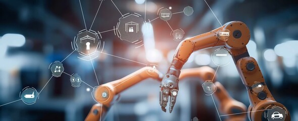 Robotic arms with digital network icons representing industry 4.0.