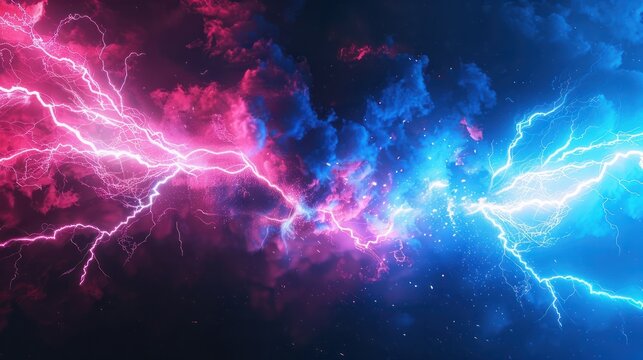 Abstract electric lightning in vivid blue and pink hues, symbolizing conflict and confrontation. Versus screen in gaming...
