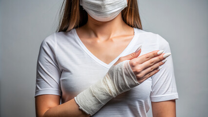Woman with hand injury in white gauze bandage for medical treatment and first aid care
