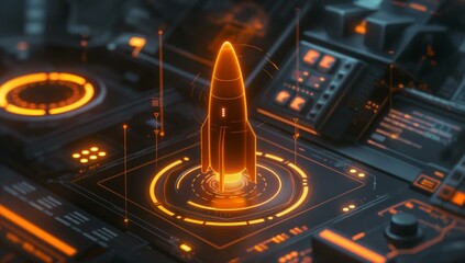 A glowing rocket icon on a computer screen surrounded by high-tech control panels emitting orange light.