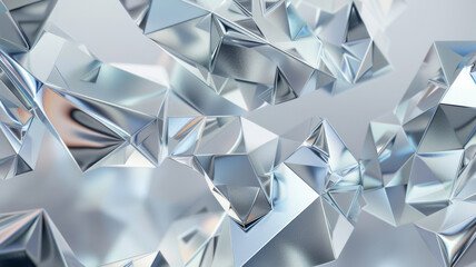 Reflective geometries of metallic shards, forming intricate patterns with high contrast and sharp edges, creating a futuristic, mesmerizing abstract.