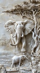 Beautiful elephant 3d relief wallpaper. Mural wallpaper. Wall art. AI generated illustration