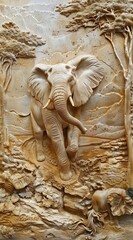 Beautiful elephant 3d relief wallpaper. Mural wallpaper. Wall art. AI generated illustration