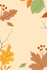 Autumn sale banner with discounts on a beige background with colorful falling leaves and berries hand drawn in abstract form and a brown frame  template. Flat doodle style. Vector illustration.