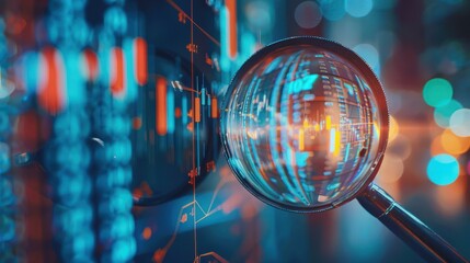 Analytical research in the economy, magnifying glass examining financial data