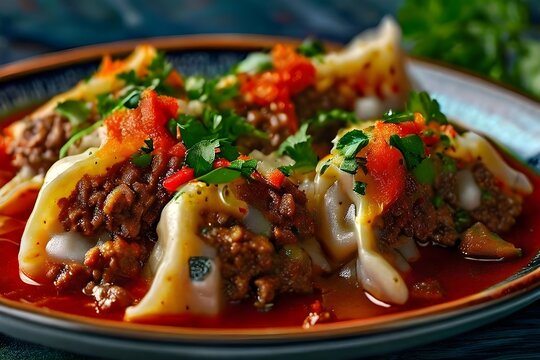 Chuchvara - Uzbek dumplings made from minced meat in tomato sauce with vegetables. Central Asian cuisine.