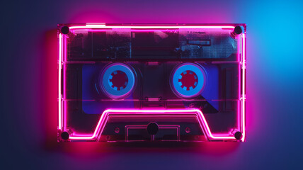 A retro neon cassette tape glowing with vibrant pink and blue lights against a deep blue background, capturing an electrifying 80s nostalgia.