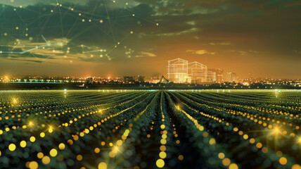 An illuminated agricultural landscape at dusk, integrating digital technology with natural growth in an urban setting.