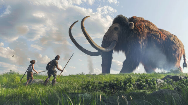 A captivating scene where two humans cautiously approach a giant woolly mammoth in a lush, green field, under a clear, bright sky, evoking a sense of tension and discovery.