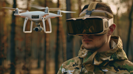 A man in camouflage, immersed in piloting a drone with VR goggles in a serene forest environment, blending adventure and modern tech.