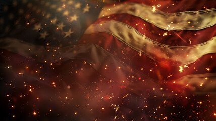 A dark American flag with illuminated golden and red flares creates a dramatic and patriotic scene filled with emotion.