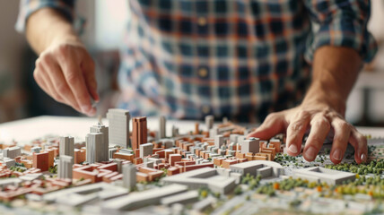 A person meticulously adjusts miniature buildings on an architectural scale model of a city, displaying a detailed urban layout.