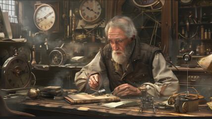 An elderly man engrossed in restoring an antique clock in a cluttered workshop filled with vintage timepieces, tools, and aged books.