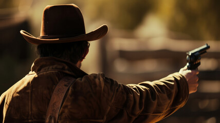 Fototapeta premium A cowboy, seen from behind, aims a revolver against a rustic, sunlit background, creating a tense and dramatic scene.