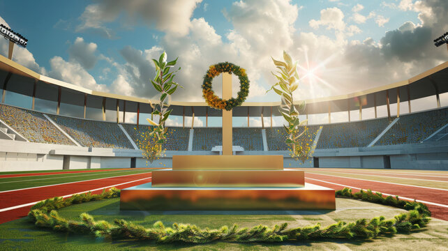 A sunlit stadium hosts a golden podium crowned with a laurel wreath, symbolizing victory and glory in the midst of a serene atmosphere.