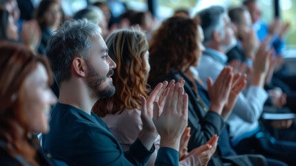 A diverse audience passionately clapping during a lively indoor conference, showcasing their approval and support for the speaker.