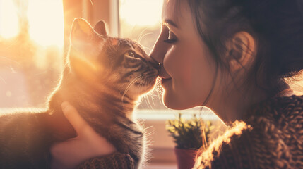 Naklejka na ściany i meble A woman is petting a cat and smiling