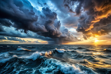 Ominous dark storm clouds gather at dusk above turbulent ocean waves, evoking an epic maritime scene of bravery and adventure on the open sea.