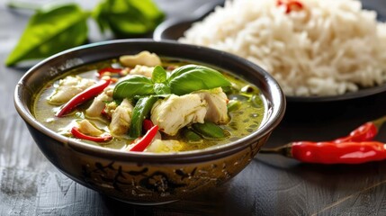 A bowl of green curry with chicken, served with jasmine rice