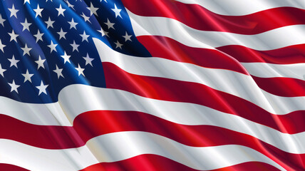 A closeup of an American flag billowing in the wind, vividly showcasing its iconic red, white, and blue colors and starry pattern.