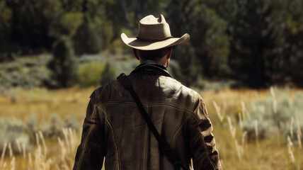 A person wearing a leather jacket and cowboy hat strides through a sunlit field, evoking a sense of adventure and freedom.