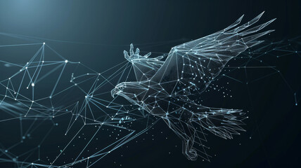 A digital wireframe of an eagle with wings outspread, soaring through a network of glowing nodes and lines against a dark background.