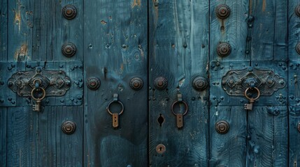 Fototapeta premium Set of doors securely locked with keys in keyholes