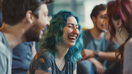 Obraz premium A girl with wavy blue hair laughs heartily with friends, surrounded by a group of young adults in a lively gathering.