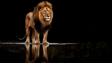 Fototapeta premium A lion stands in the dark with water reflection on the ground.