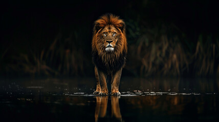 Fototapeta premium A lion stands in the dark with water reflection on the ground.