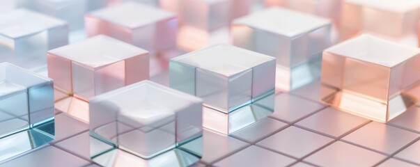 Fototapeta premium Abstract modern glass cubes with soft pastel lighting on a reflective surface, creating a futuristic and minimalistic aesthetic.