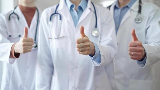 Group of doctors are are standing and showing thumbs up in hospital corridor. Medicine excellent service