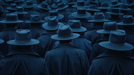 Group of people wearing dark coats and wide-brimmed hats, facing away, creating a mysterious and uniform visual effect in a monochromatic blue tone.
