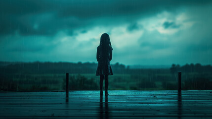 Fototapeta premium Girl standing alone on a rainy day, looking out into a gloomy landscape, symbolizing loneliness, contemplation, and melancholy.